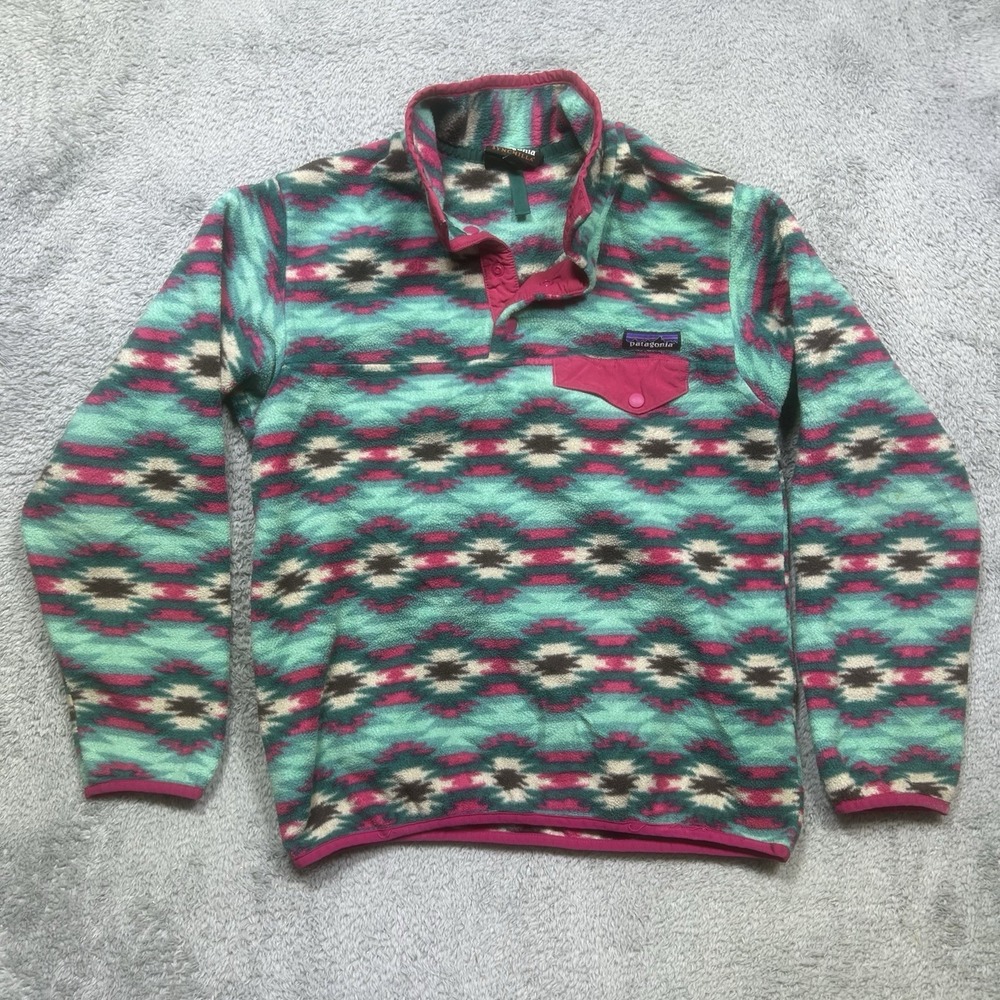 Patagonia Sweater Womens‎ S Teal Pink Synchilla Snap T Geometric Aztec Pullover